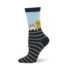 Bamboo socks with a light blue top showing dogs peeking over black and grey horizontal stripes with a black toe and heel.