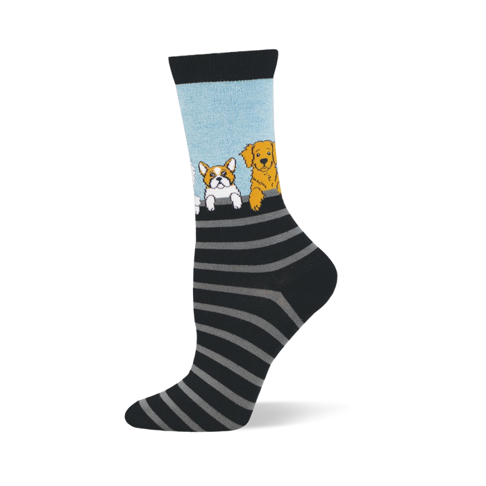 Bamboo socks with a light blue top showing dogs peeking over black and grey horizontal stripes with a black toe and heel.