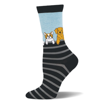 Bamboo socks with a light blue top showing dogs peeking over black and grey horizontal stripes with a black toe and heel.