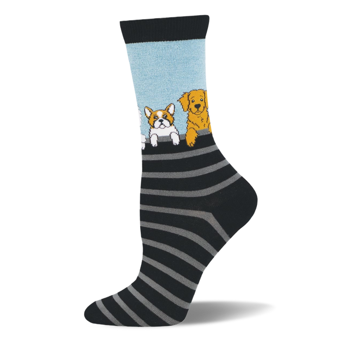 Bamboo socks with a light blue top showing dogs peeking over black and grey horizontal stripes with a black toe and heel. }}