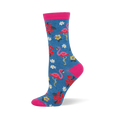 Blue crew socks featuring pink flamingos, colorful tropical flowers, and bright pink accents at the toe, heel, and cuff.
