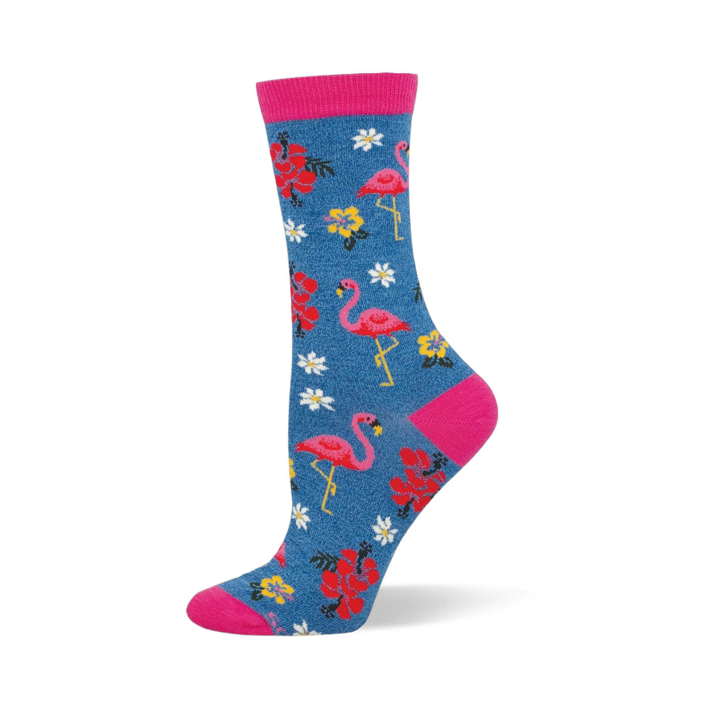 Blue crew socks featuring pink flamingos, colorful tropical flowers, and bright pink accents at the toe, heel, and cuff.