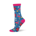 Blue crew socks featuring pink flamingos, colorful tropical flowers, and bright pink accents at the toe, heel, and cuff.