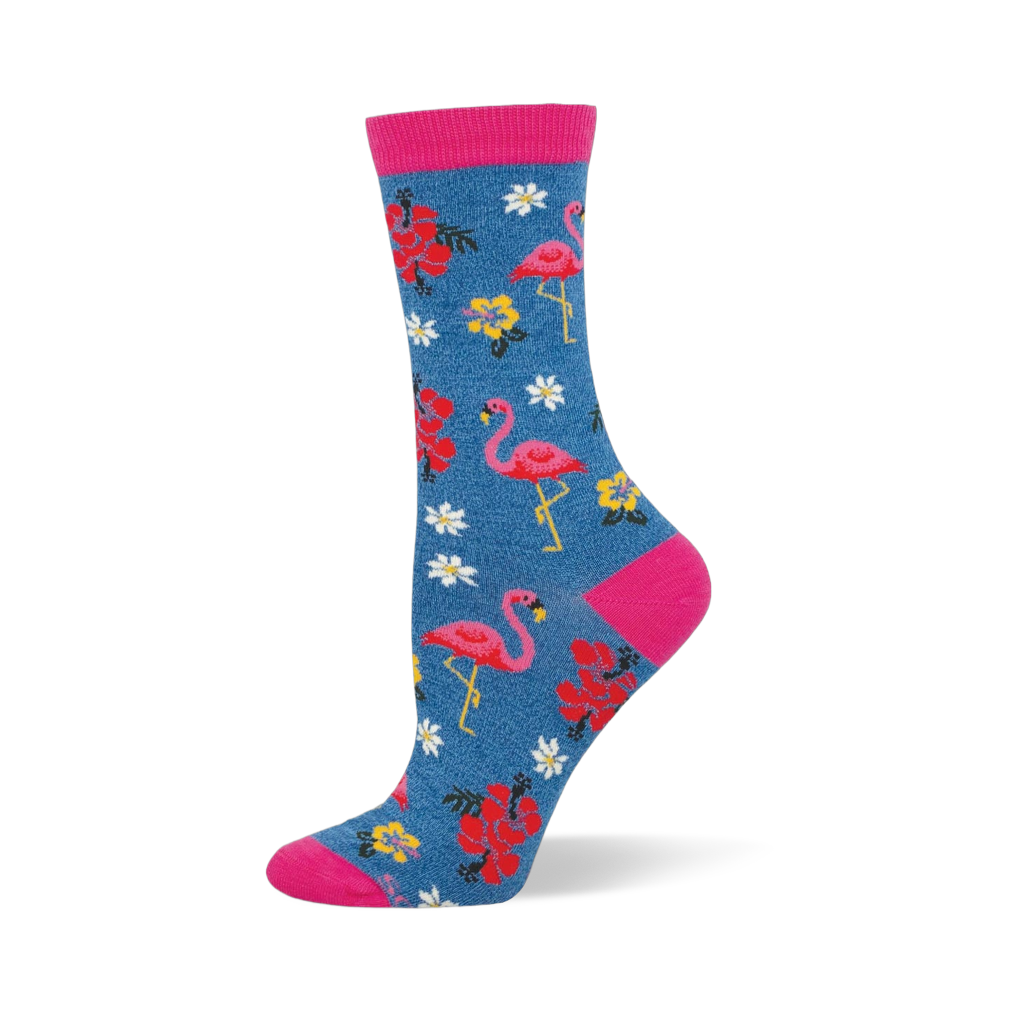 Blue crew socks featuring pink flamingos, colorful tropical flowers, and bright pink accents at the toe, heel, and cuff.
