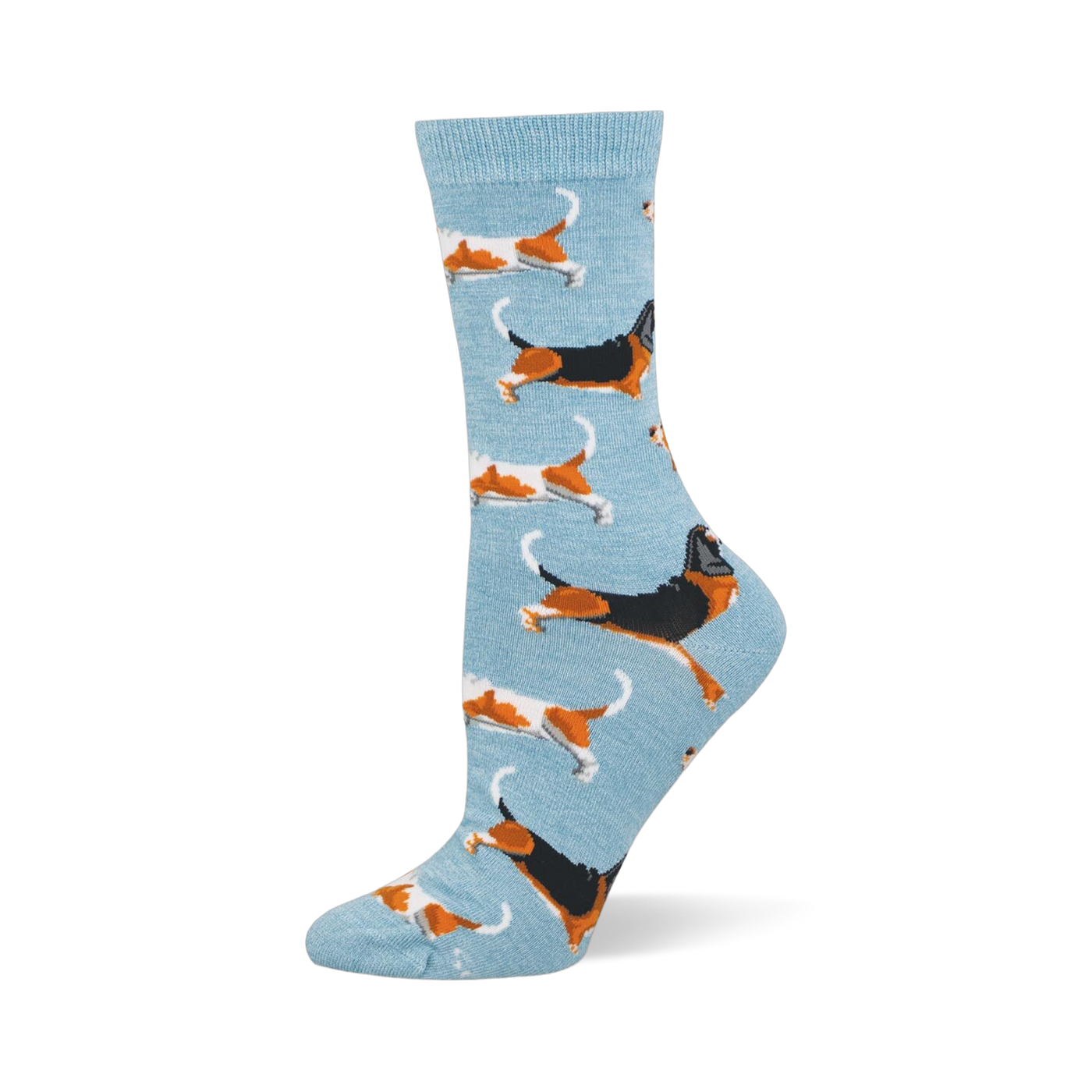 Light blue crew socks featuring a pattern of running basset hounds in classic tricolor and orange and white variations.