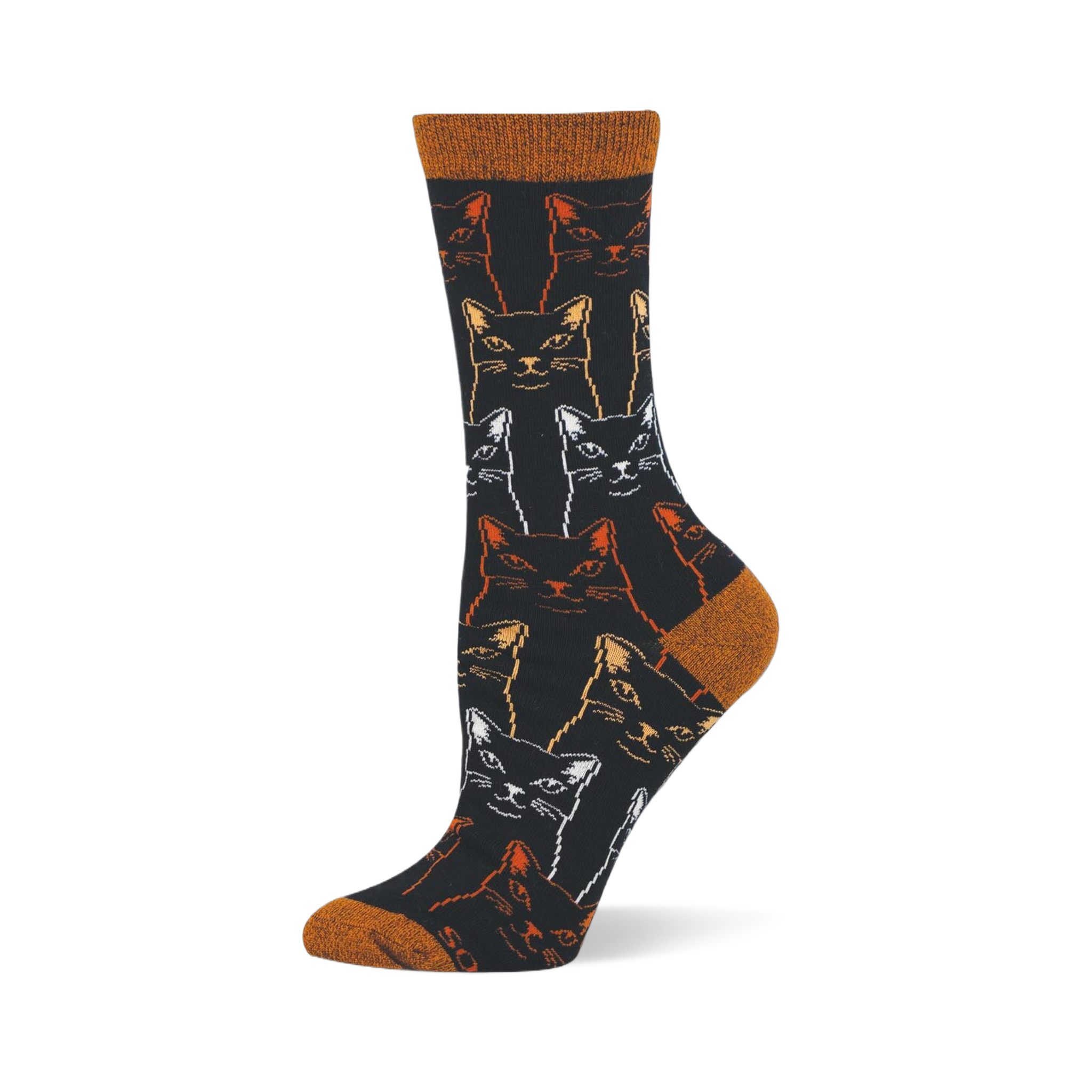 Black bamboo crew sock covered in outlined, sketchy cat faces in white, gold, and orange, with a rust orange toe and heel.