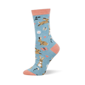 Light blue bamboo sock with brown bunnies, pink hearts, butterflies, white flowers, and soft coral accents at the top.