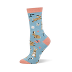 Light blue bamboo sock with brown bunnies, pink hearts, butterflies, white flowers, and soft coral accents at the top.