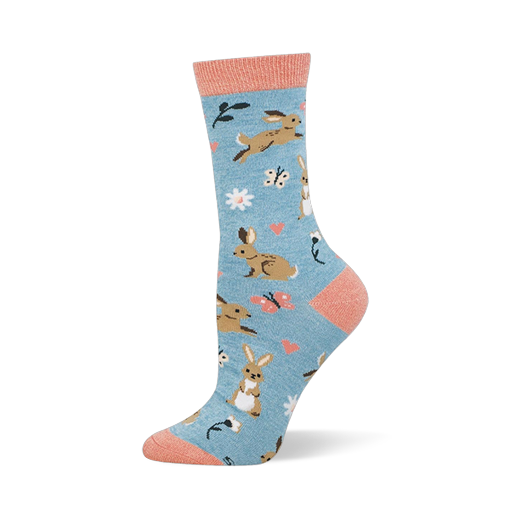 Light blue bamboo sock with brown bunnies, pink hearts, butterflies, white flowers, and soft coral accents at the top.