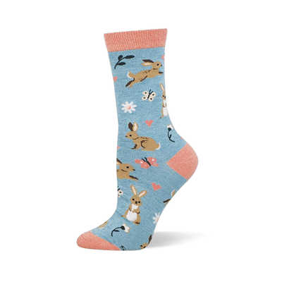 Light blue bamboo sock with brown bunnies, pink hearts, butterflies, white flowers, and soft coral accents at the top.