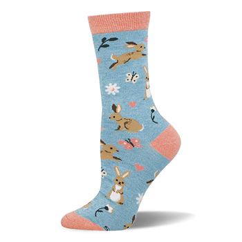 Light blue bamboo sock with brown bunnies, pink hearts, butterflies, white flowers, and soft coral accents at the top.