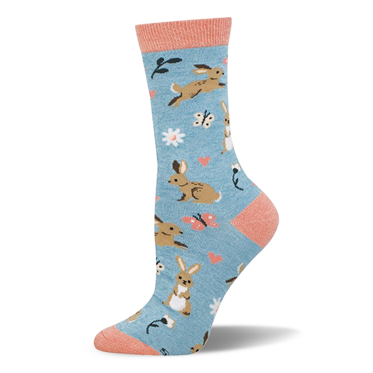 Light blue bamboo sock with brown bunnies, pink hearts, butterflies, white flowers, and soft coral accents at the top. }}