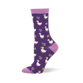 Dark purple bamboo sock showing white ducks in pink bowties mixed with small bright flowers and light purple accents.