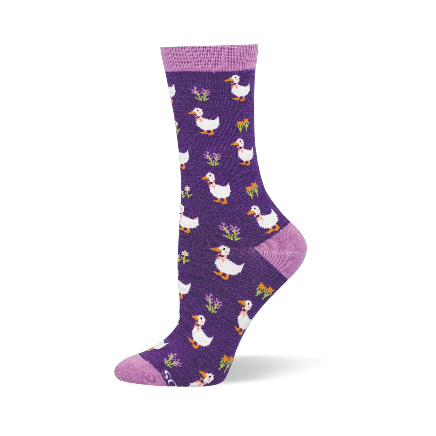 Dark purple bamboo sock showing white ducks in pink bowties mixed with small bright flowers and light purple accents.