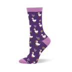 Dark purple bamboo sock showing white ducks in pink bowties mixed with small bright flowers and light purple accents.