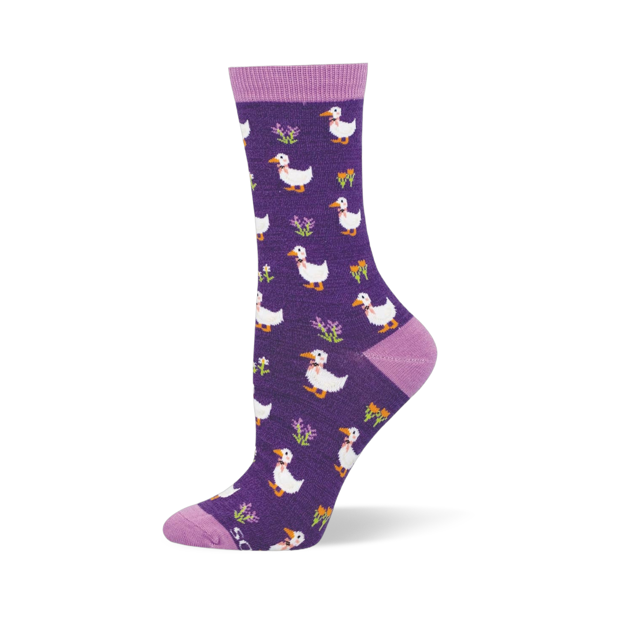 Dark purple bamboo sock showing white ducks in pink bowties mixed with small bright flowers and light purple accents.