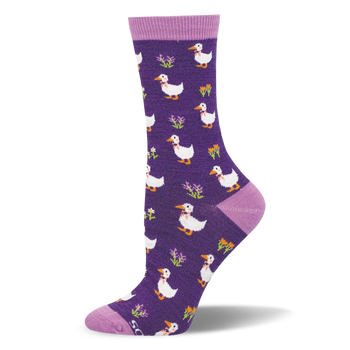 Dark purple bamboo sock showing white ducks in pink bowties mixed with small bright flowers and light purple accents.
