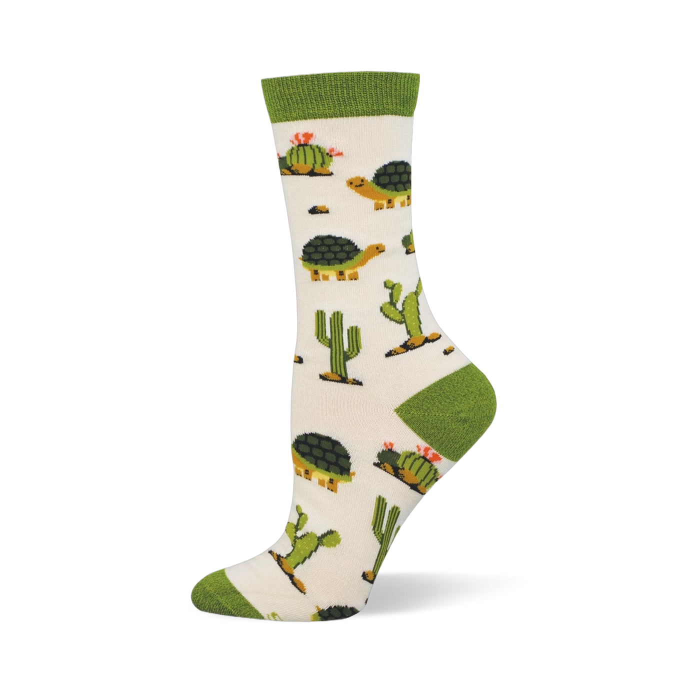 Off-white crew sock with a solid green cuff and matching heel and toe. The pattern features desert tortoises and green cacti.