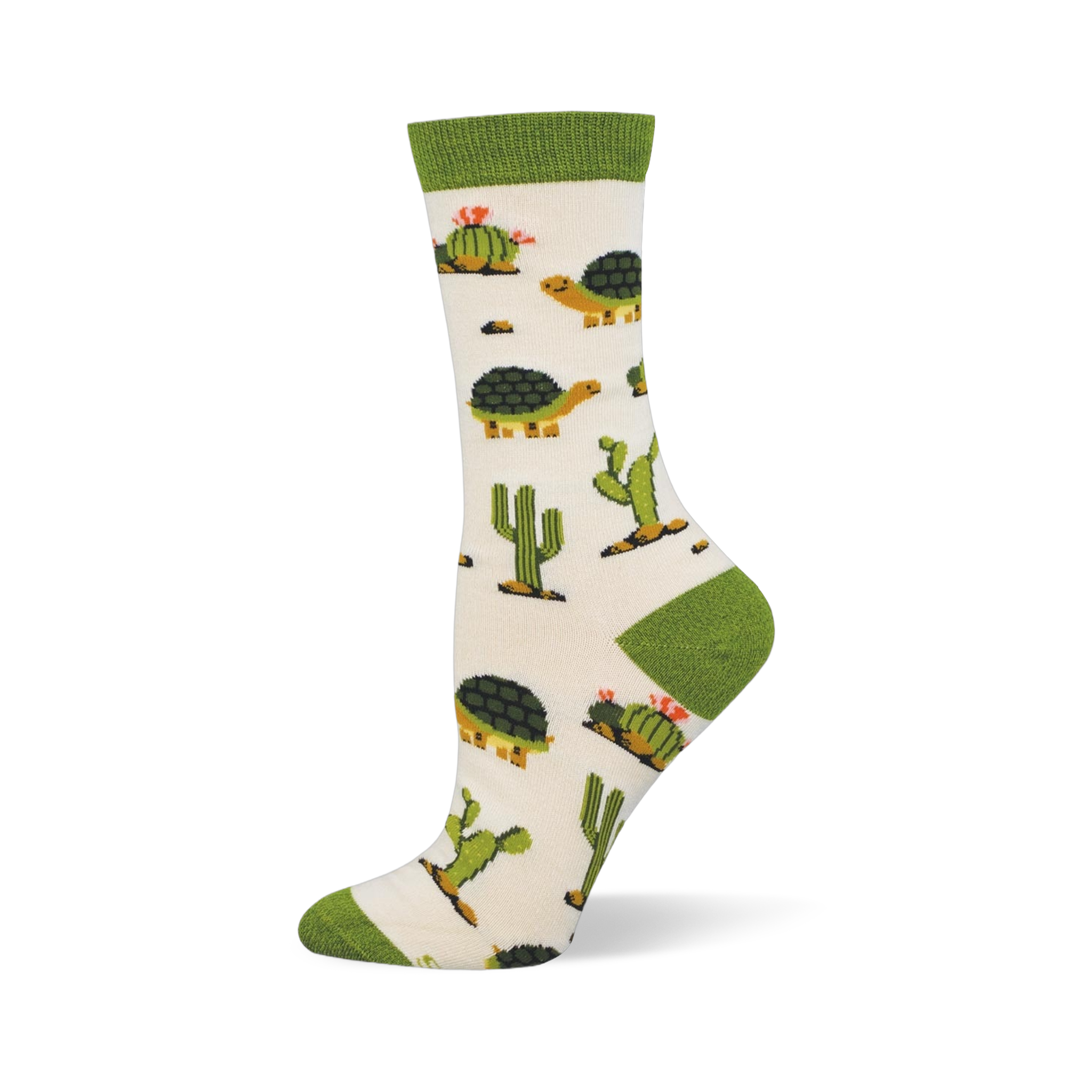 Off-white crew sock with a solid green cuff and matching heel and toe. The pattern features desert tortoises and green cacti.