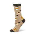 Tan bamboo crew sock with dark brown toe, heel and cuff, featuring a pattern of iced coffees, to-go cups, mugs and beans.