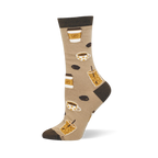 Tan bamboo crew sock with dark brown toe, heel and cuff, featuring a pattern of iced coffees, to-go cups, mugs and beans.