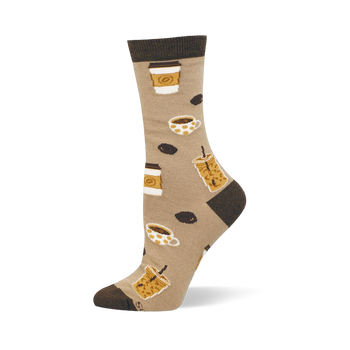 Tan bamboo crew sock with dark brown toe, heel and cuff, featuring a pattern of iced coffees, to-go cups, mugs and beans.