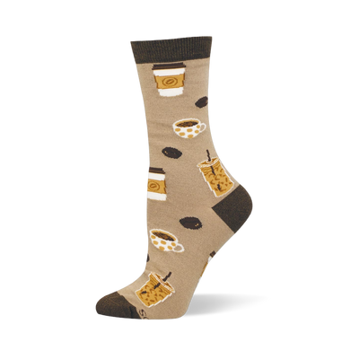Tan bamboo crew sock with dark brown toe, heel and cuff, featuring a pattern of iced coffees, to-go cups, mugs and beans.
