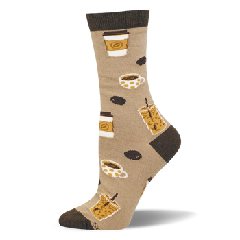 Tan bamboo crew sock with dark brown toe, heel and cuff, featuring a pattern of iced coffees, to-go cups, mugs and beans.