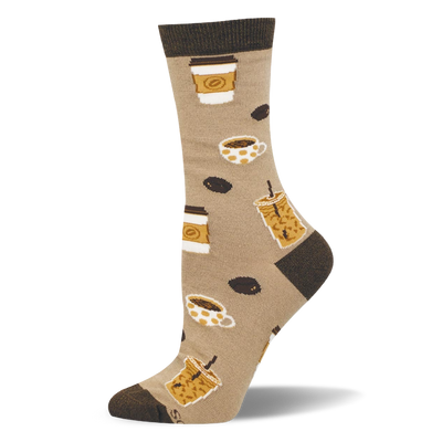 Tan bamboo crew sock with dark brown toe, heel and cuff, featuring a pattern of iced coffees, to-go cups, mugs and beans.