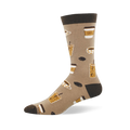 Tan bamboo sock with dark brown heel, toe and cuff featuring a pattern of iced coffees, to-go cups, mugs and coffee beans.