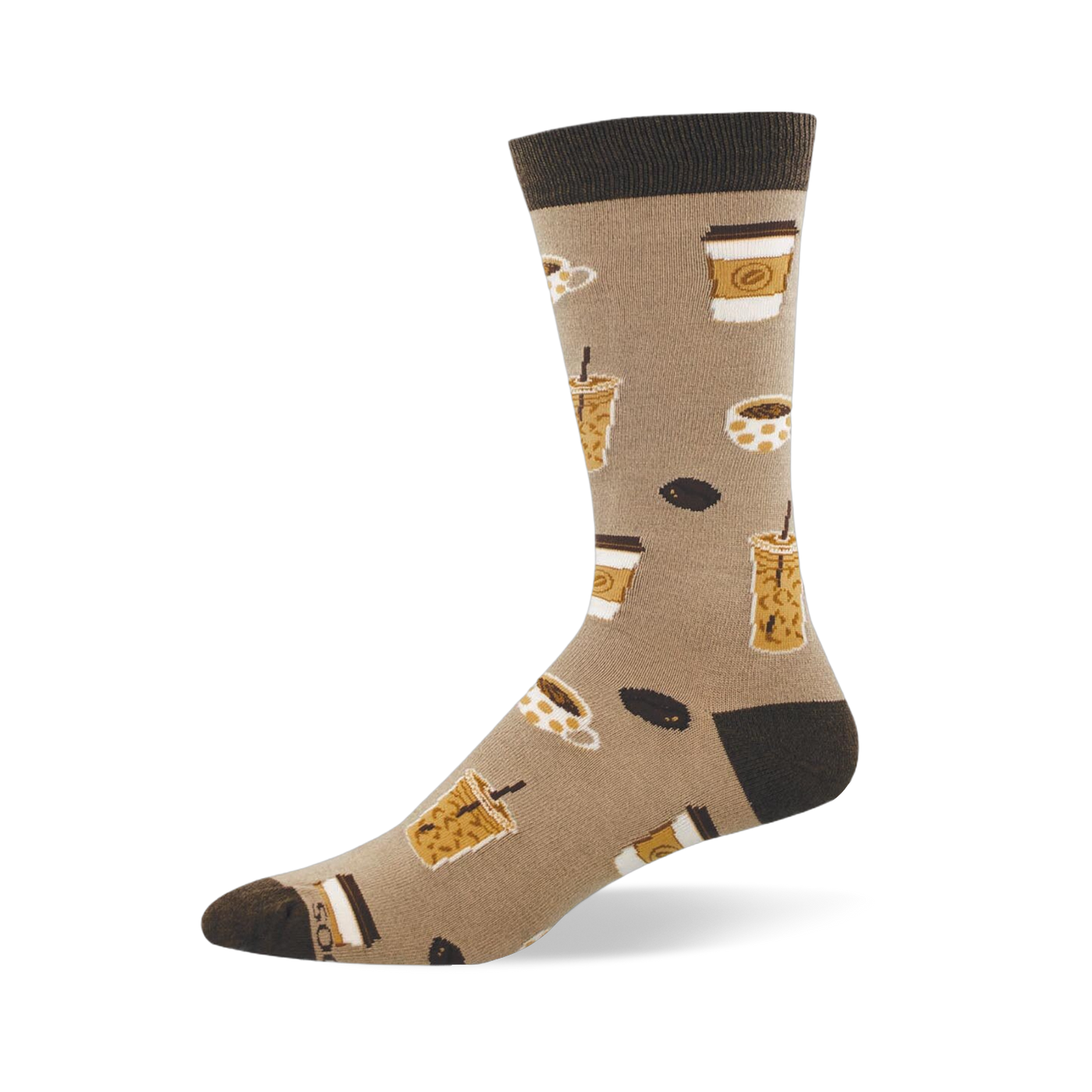 Tan bamboo sock with dark brown heel, toe and cuff featuring a pattern of iced coffees, to-go cups, mugs and coffee beans.