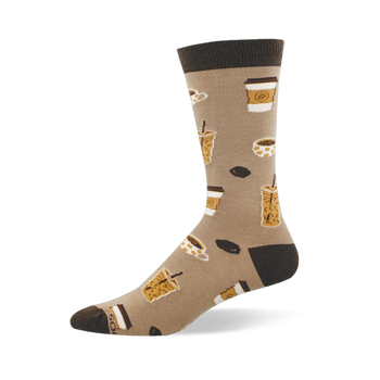 Tan bamboo sock with dark brown heel, toe and cuff featuring a pattern of iced coffees, to-go cups, mugs and coffee beans.