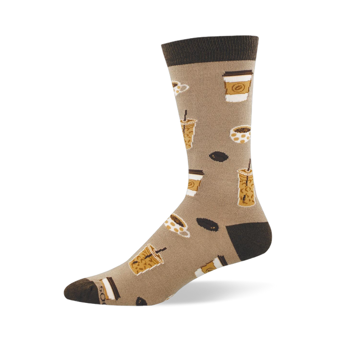 Tan bamboo sock with dark brown heel, toe and cuff featuring a pattern of iced coffees, to-go cups, mugs and coffee beans. }}