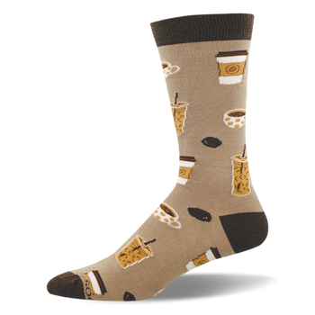 Tan bamboo sock with dark brown heel, toe and cuff featuring a pattern of iced coffees, to-go cups, mugs and coffee beans.