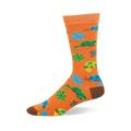 Bright orange crew sock featuring a pattern of blue and green chameleons on branches, tropical leaves, and tiny bugs.