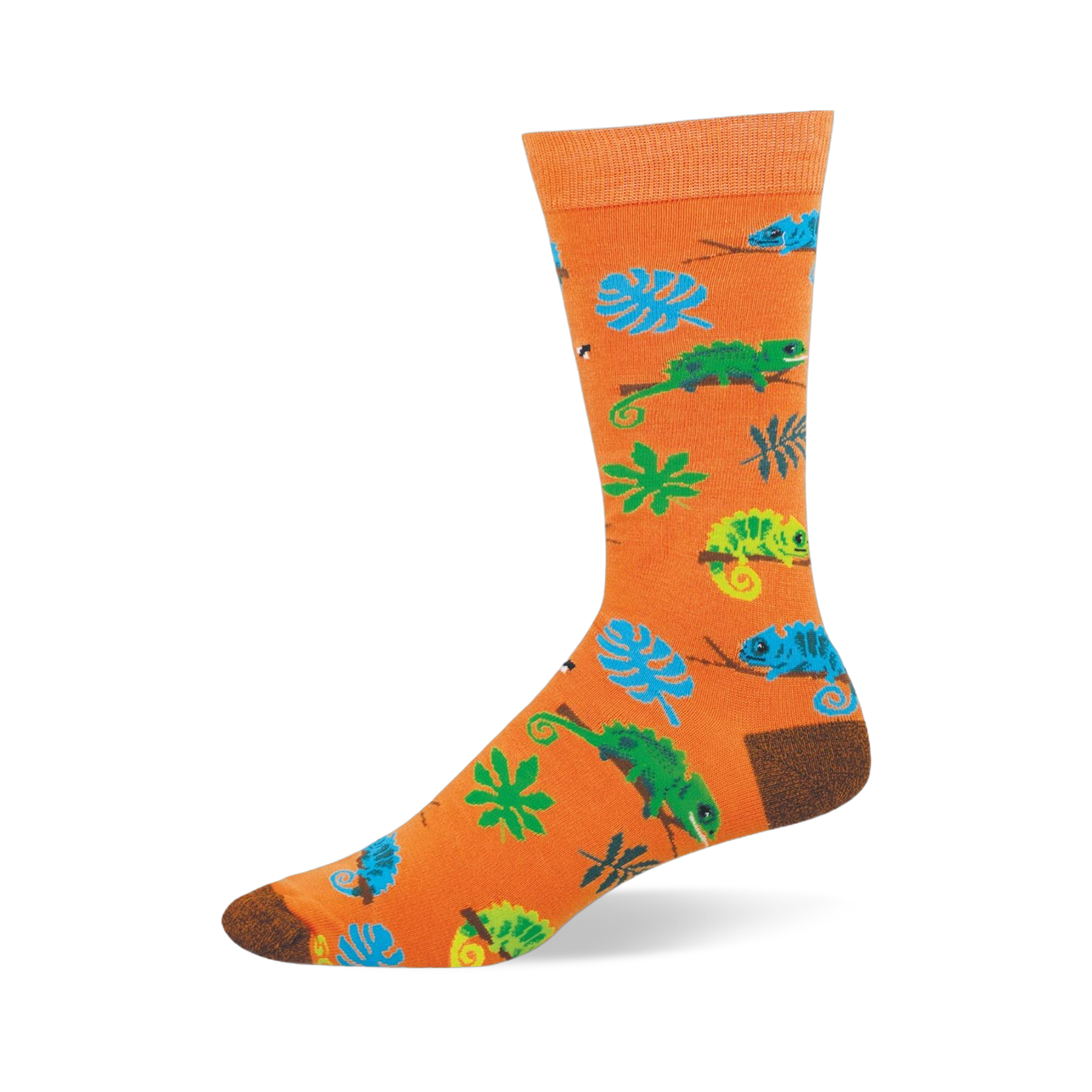 Bright orange crew sock featuring a pattern of blue and green chameleons on branches, tropical leaves, and tiny bugs.