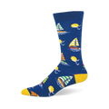 Blue bamboo crew sock featuring colorful striped sailboats, yellow suns, white seagulls, and bright yellow heel and toe.