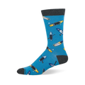 Blue crew sock featuring a pattern of yellow and dark blue stand-up paddleboards with paddles, plus a dark grey cuff.