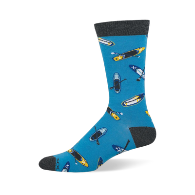 Blue crew sock featuring a pattern of yellow and dark blue stand-up paddleboards with paddles, plus a dark grey cuff.