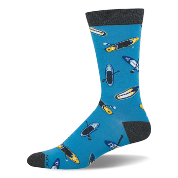 Blue crew sock featuring a pattern of yellow and dark blue stand-up paddleboards with paddles, plus a dark grey cuff.