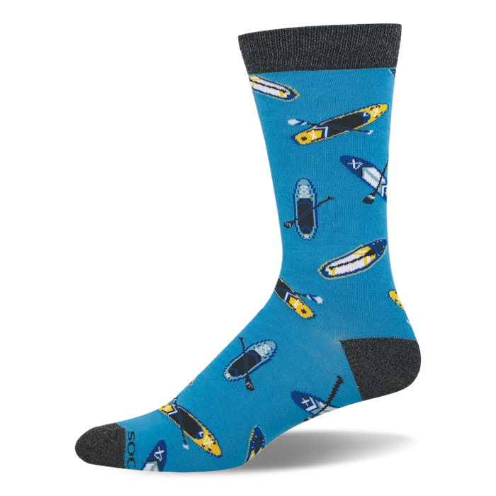 Blue crew sock featuring a pattern of yellow and dark blue stand-up paddleboards with paddles, plus a dark grey cuff. }}