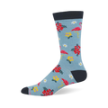 Light blue sock showing a pattern of pink flamingos, red hibiscus, yellow blooms, and white flowers with a dark navy cuff.
