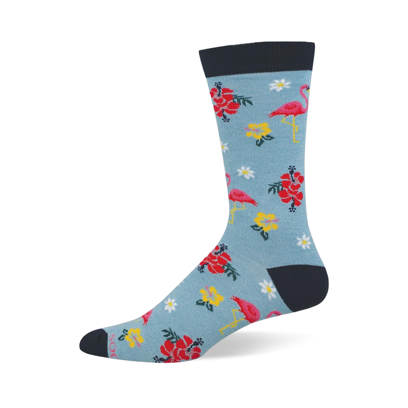 Light blue sock showing a pattern of pink flamingos, red hibiscus, yellow blooms, and white flowers with a dark navy cuff.