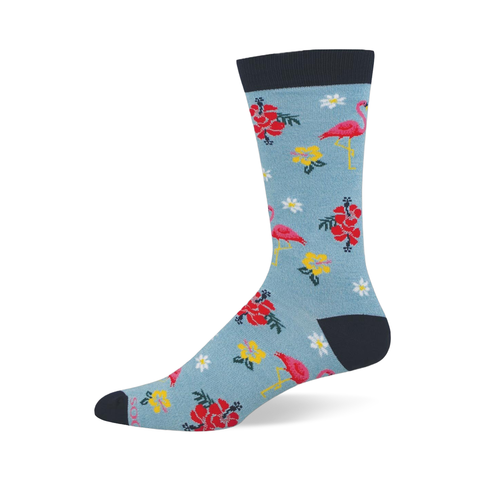 Light blue sock showing a pattern of pink flamingos, red hibiscus, yellow blooms, and white flowers with a dark navy cuff.