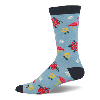 Light blue sock showing a pattern of pink flamingos, red hibiscus, yellow blooms, and white flowers with a dark navy cuff.