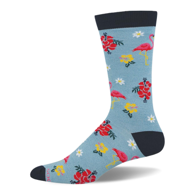 Light blue sock showing a pattern of pink flamingos, red hibiscus, yellow blooms, and white flowers with a dark navy cuff.