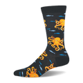 Black crew sock showing bright orange octopuses and blue fish, finished with a black ribbed cuff, heel, toe, and footbed.
