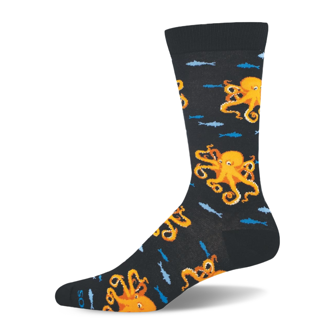 Black crew sock showing bright orange octopuses and blue fish, finished with a black ribbed cuff, heel, toe, and footbed.