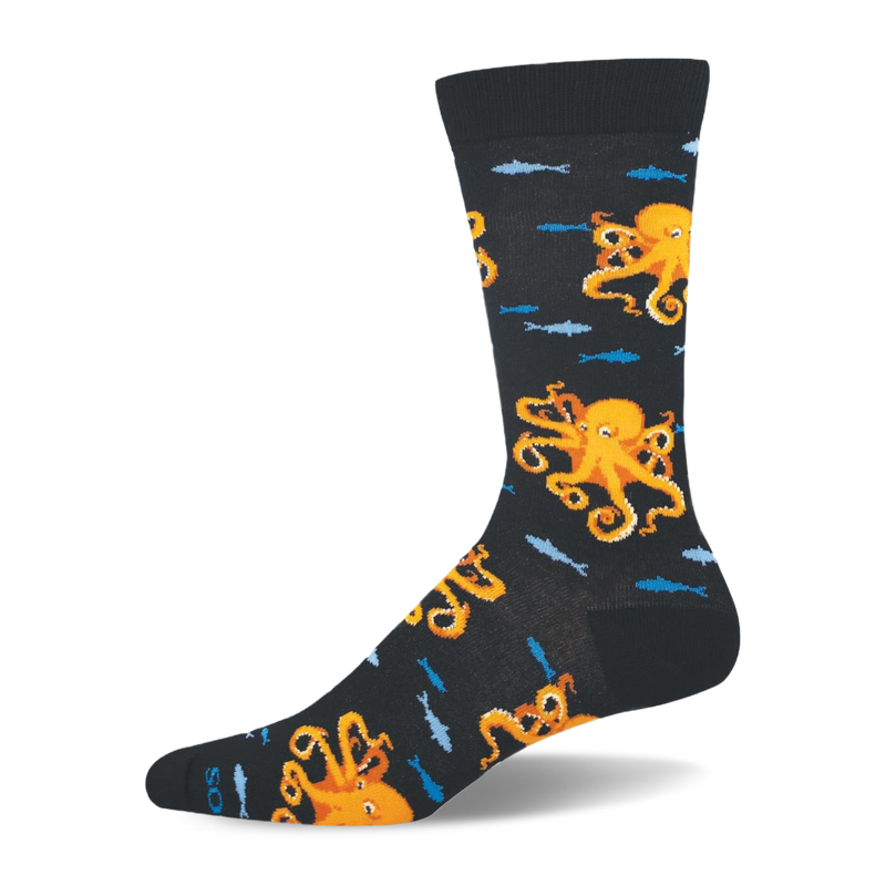 Black crew sock showing bright orange octopuses and blue fish, finished with a black ribbed cuff, heel, toe, and footbed.