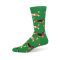 Green crew sock featuring a repeating pattern of long basset hounds in tricolor and brown-and-white coat variations.